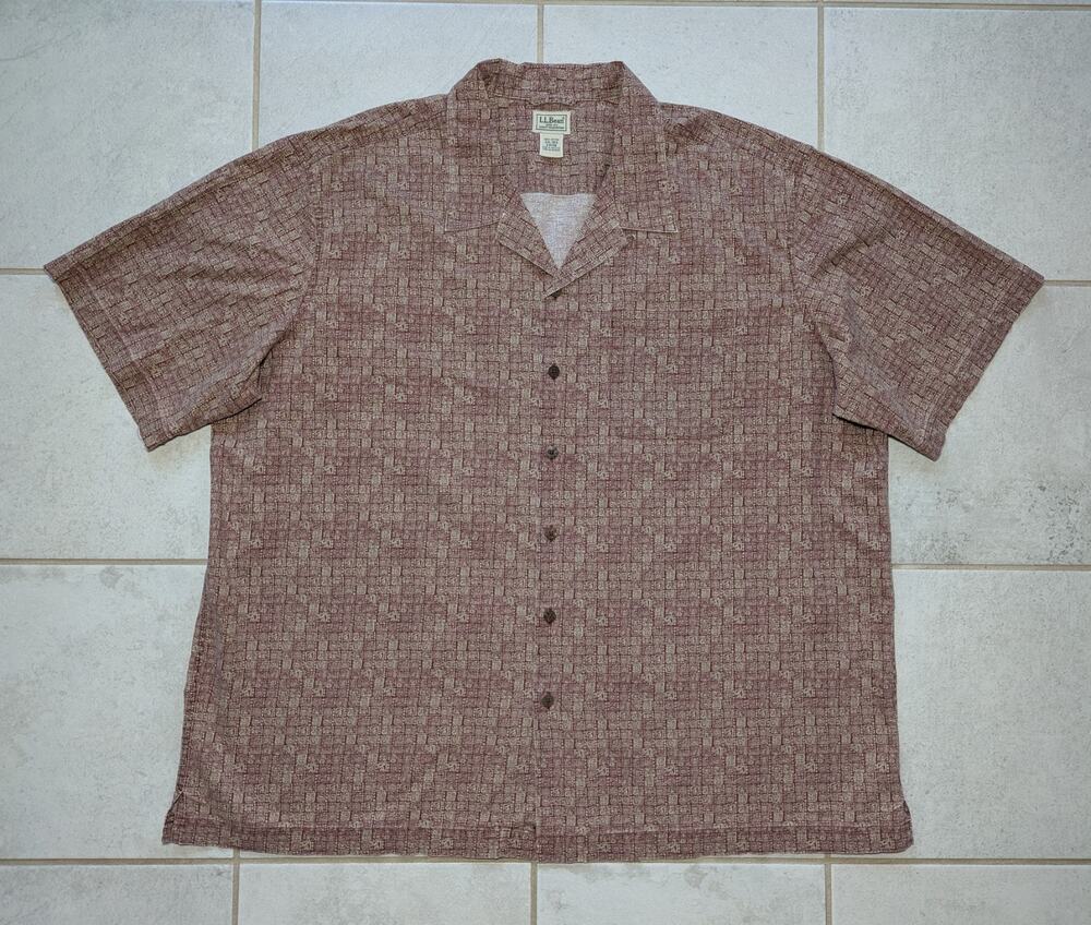 LL Bean Men's XXL Hawaiian Camp Shirt Tiki Tribal Loop Collar Short Sleeve Shirt